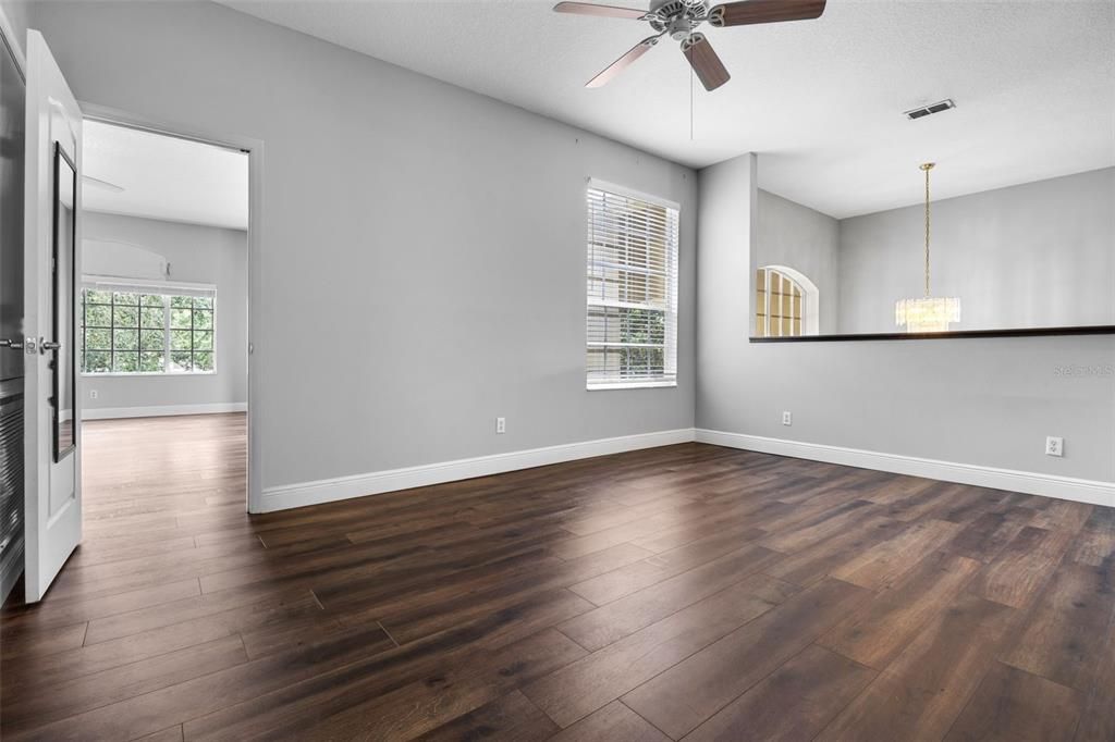 Chandelier, Empty room, Interior, Pendant Lights, Wood Texture Flooring