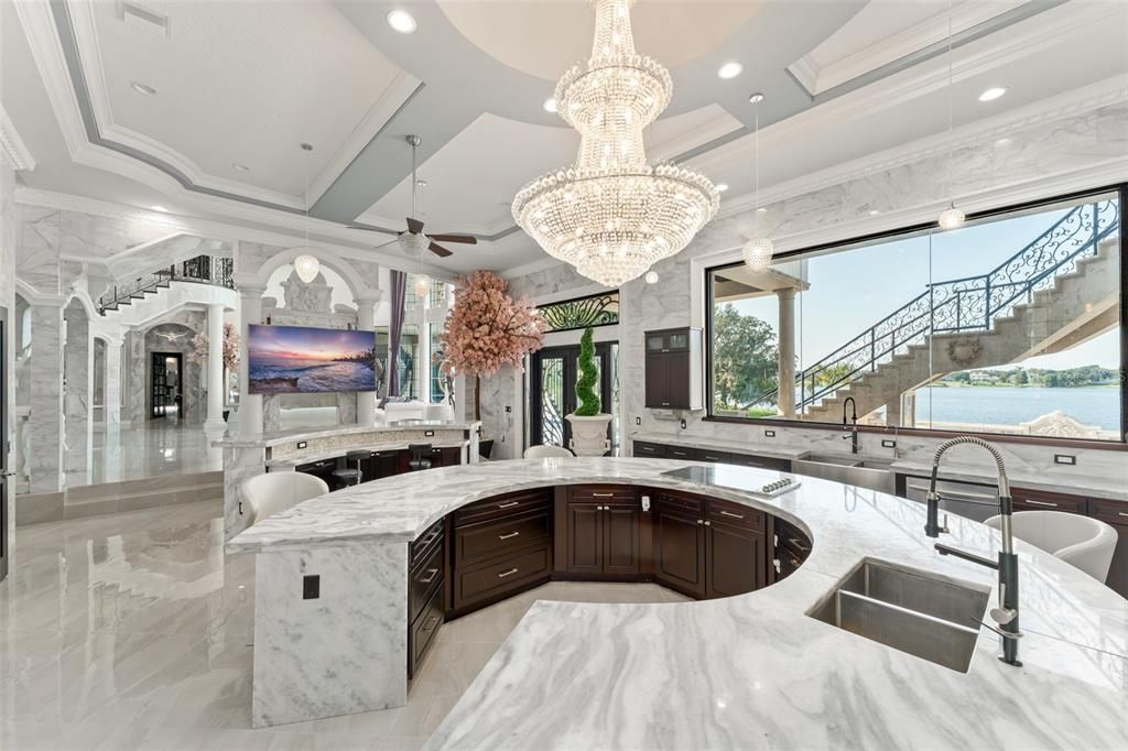 Chandelier, Interior, Kitchen, Marble, Marble Walls, Recessed Lighting