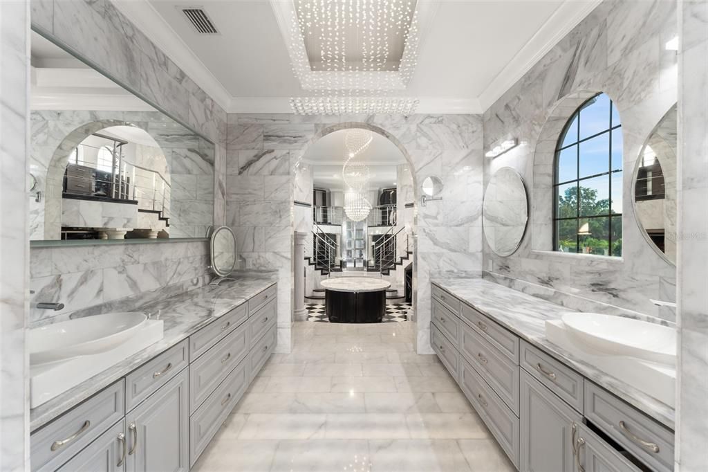 Bathroom, Chandelier, Dual Sink Vanities, Interior, Marble, Marble Walls