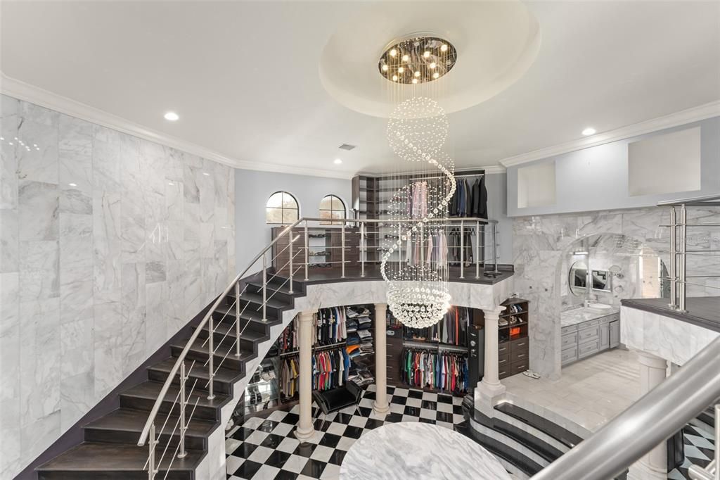 Chandelier, Interior, Marble Walls, Recessed Lighting
