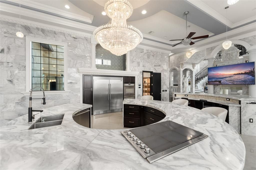 Chandelier, Interior, Kitchen, Marble, Recessed Lighting, Stainless Steel Appliances