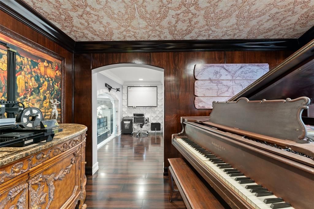 Interior, Piano, Recessed Lighting, Wood Texture Flooring, Wooden Walls