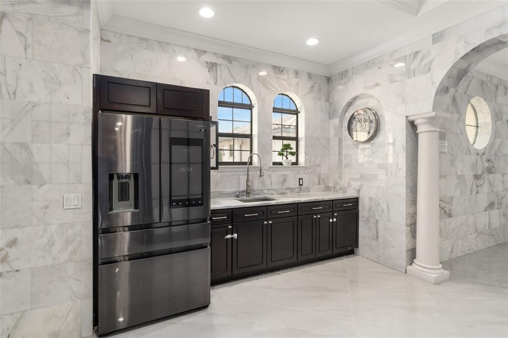 Bathroom, Dual Sink Vanities, Interior, Kitchen, Marble, Marble Walls, Recessed Lighting