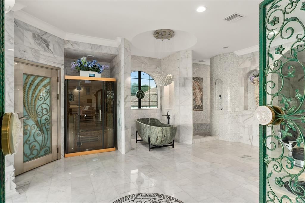 Bathroom, Free Standing Baths, Glass Shower, Interior, Marble, Marble Walls, Recessed Lighting