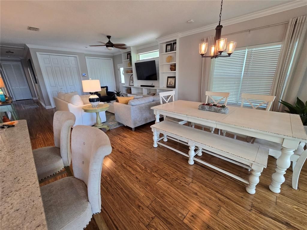 Dining room, Interior, Living room, Pendant Lights, Wood Texture Flooring