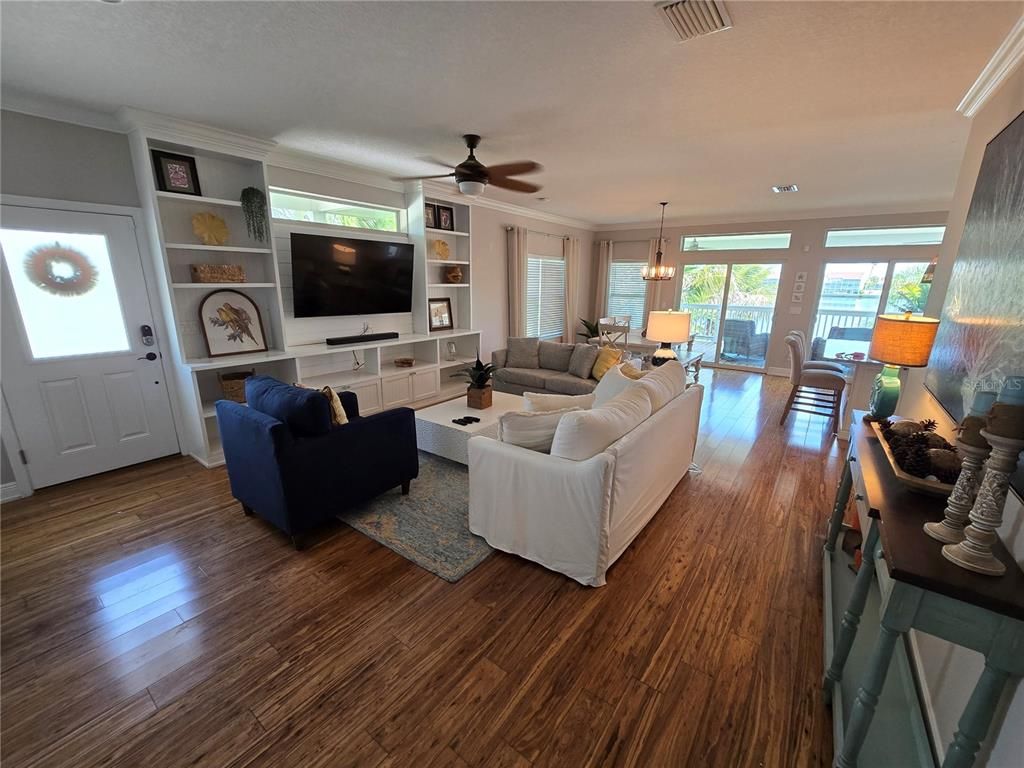 Dining room, Interior, Living room, Pendant Lights, Wood Texture Flooring