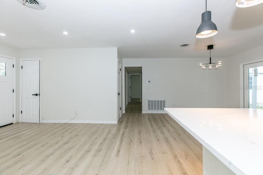 Empty room, Interior, Pendant Lights, Recessed Lighting, Wood Texture Flooring