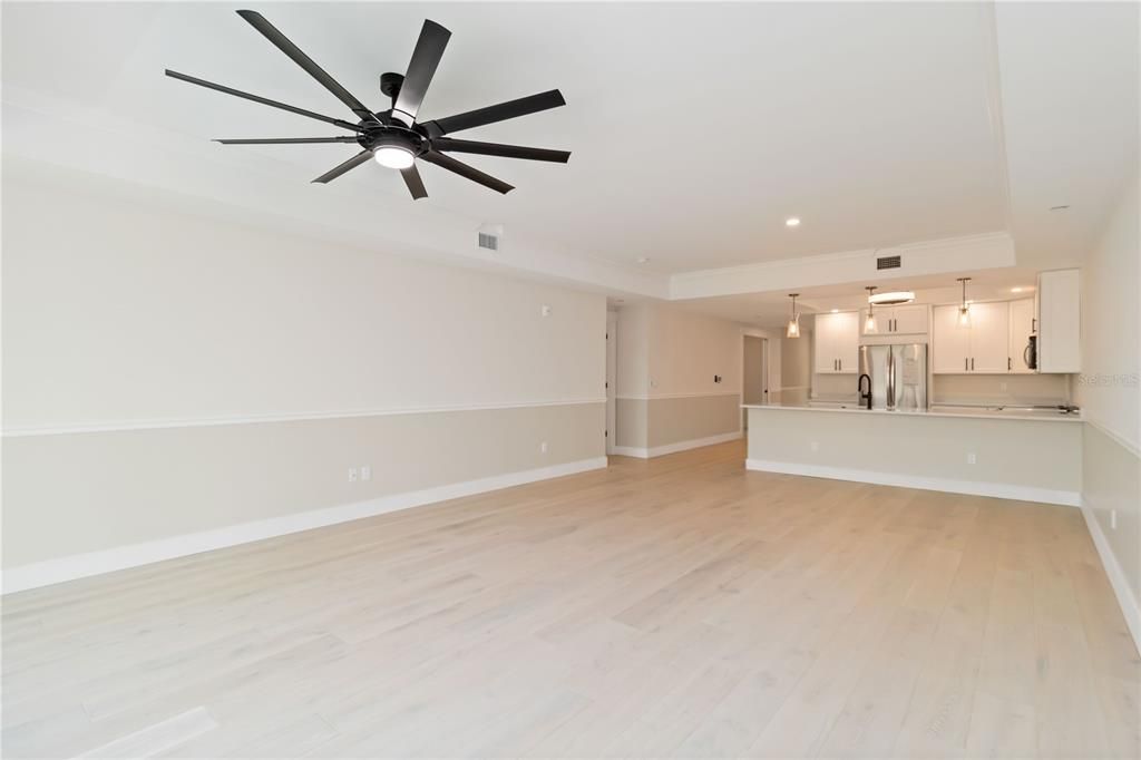 Empty room, Interior, Kitchen, Recessed Lighting, Wood Texture Flooring