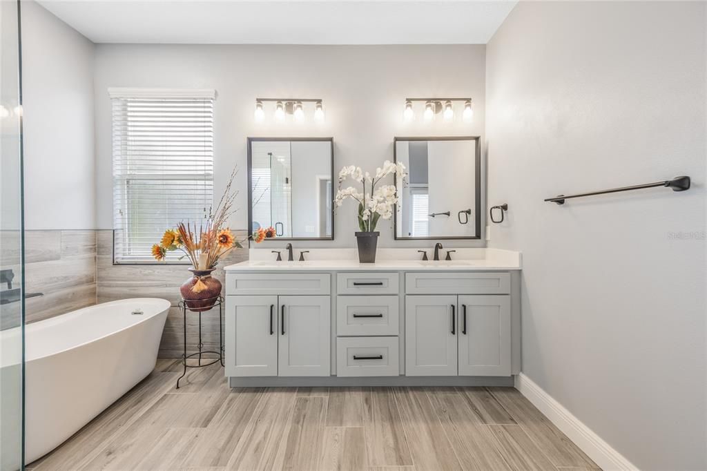 Bathroom, Dual Sink Vanities, Free Standing Baths, Interior, Wood Texture Flooring