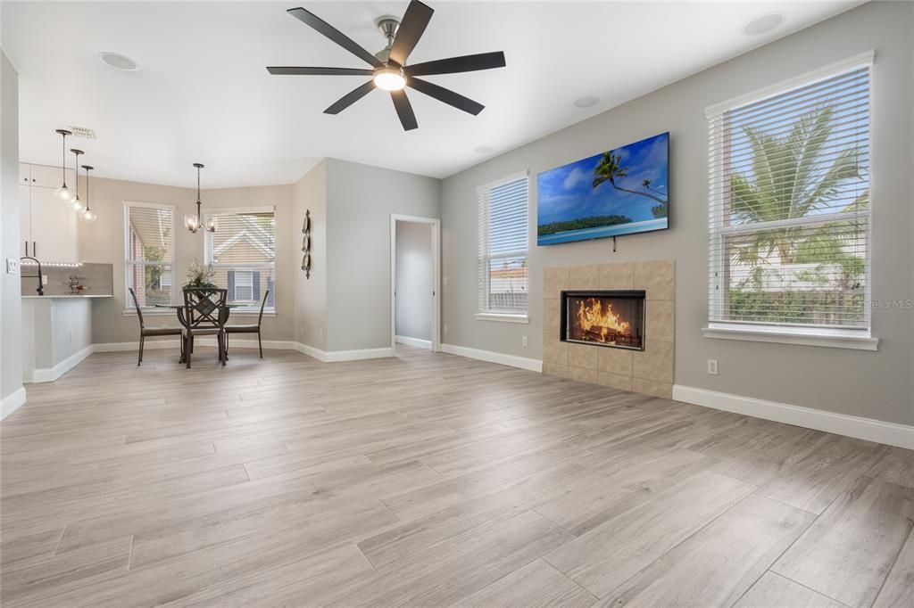 Dining room, Fireplace, Interior, Pendant Lights, Wood Texture Flooring