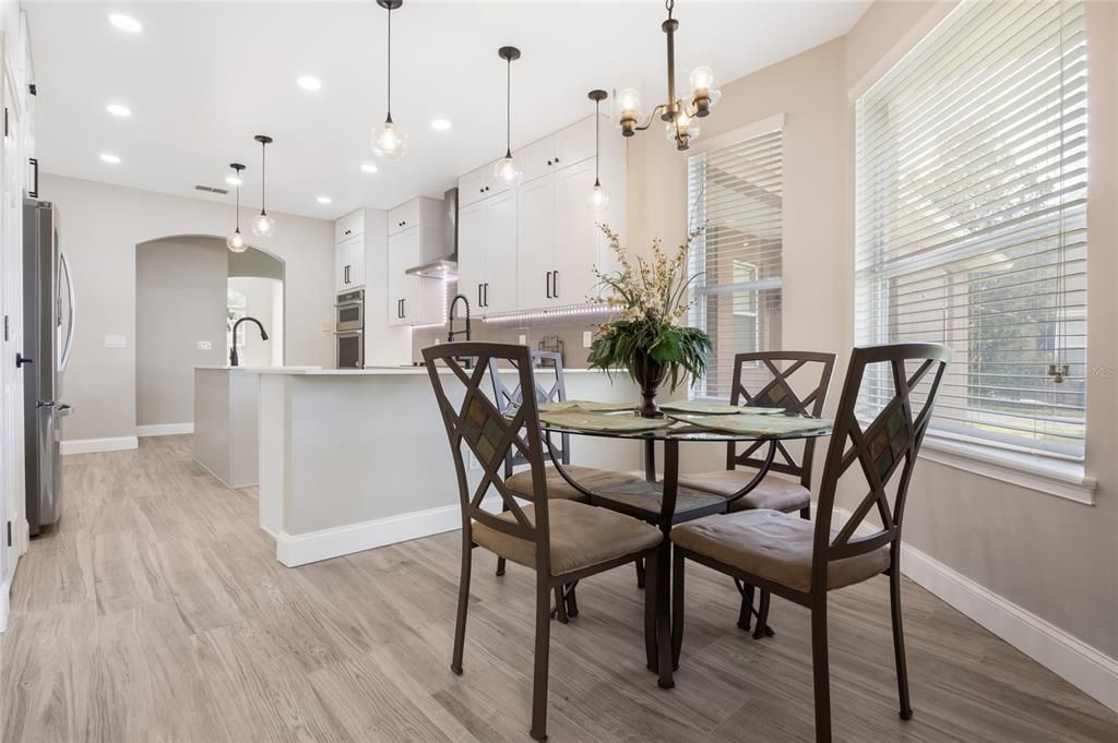 Dining room, Interior, Kitchen, Pendant Lights, Recessed Lighting, Wood Texture Flooring