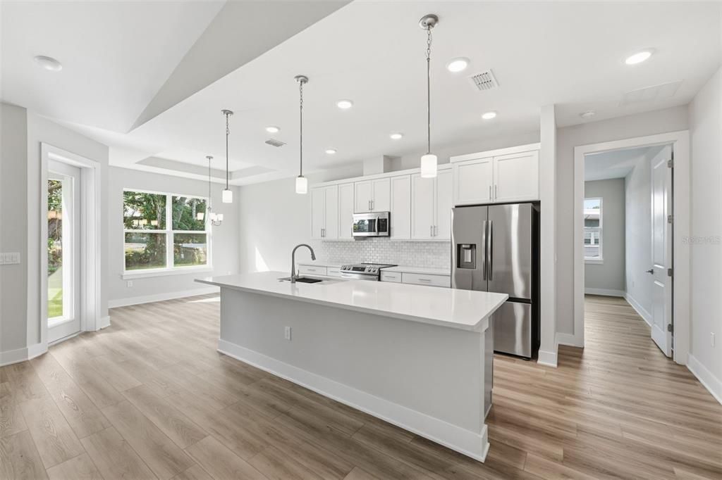 Interior, Kitchen, Pendant Lights, Recessed Lighting, Stainless Steel Appliances, Wood Texture Flooring