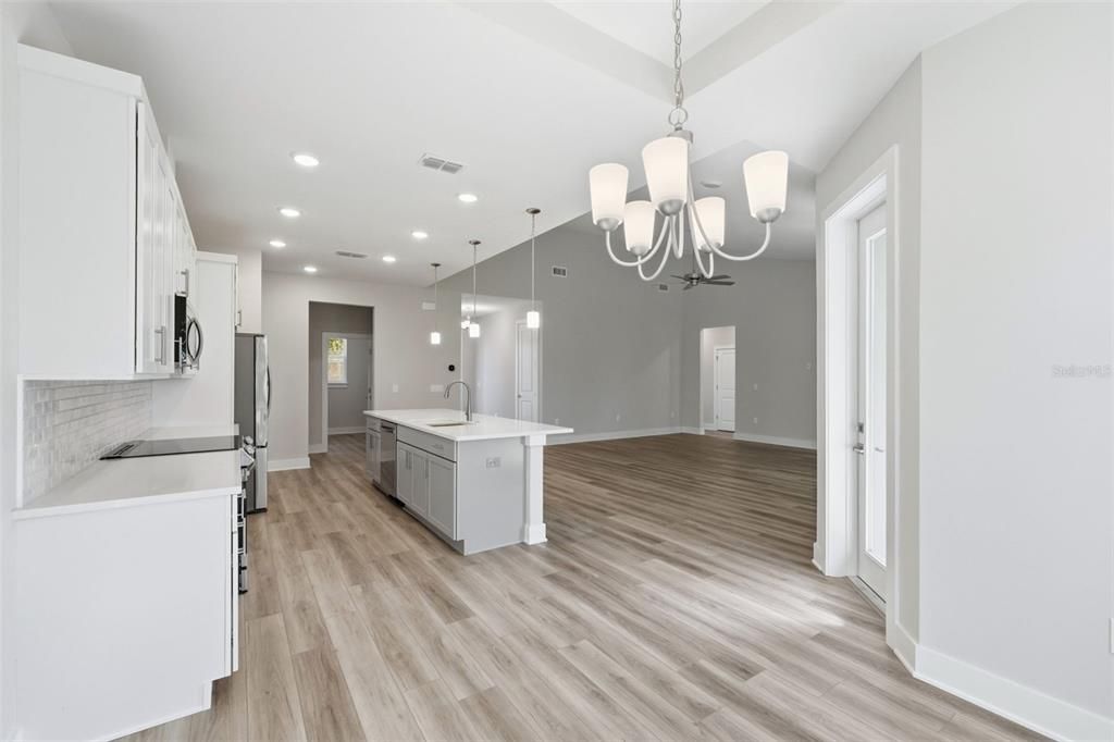 Chandelier, Interior, Kitchen, Pendant Lights, Recessed Lighting, Wood Texture Flooring