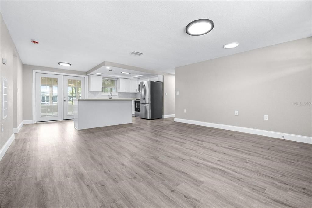 Empty room, Interior, Kitchen, Recessed Lighting, Wood Texture Flooring