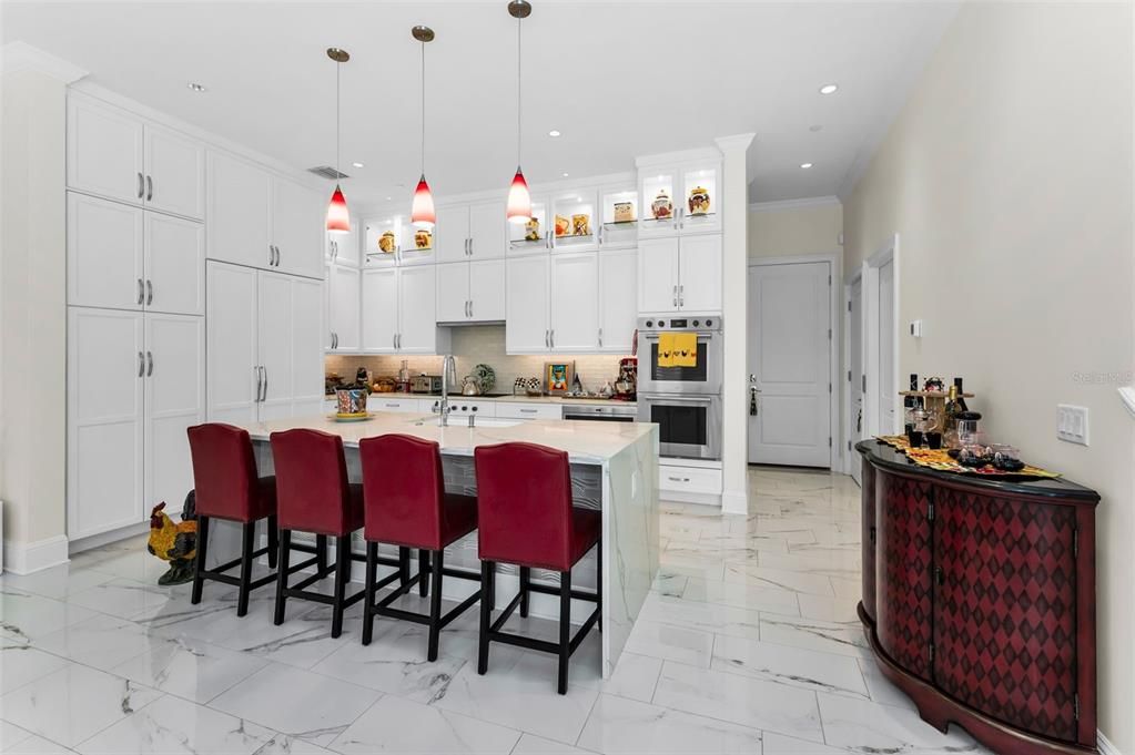 Interior, Kitchen, Marble, Pendant Lights, Recessed Lighting, Stainless Steel Appliances