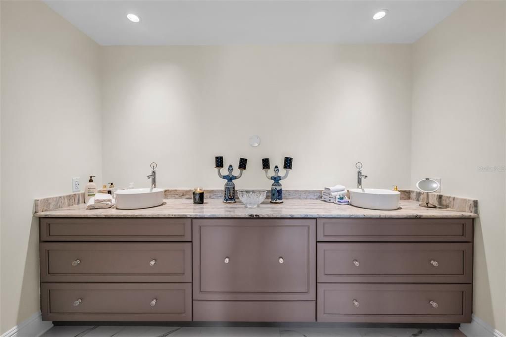 Bathroom, Dual Sink Vanities, Interior, Marble, Recessed Lighting