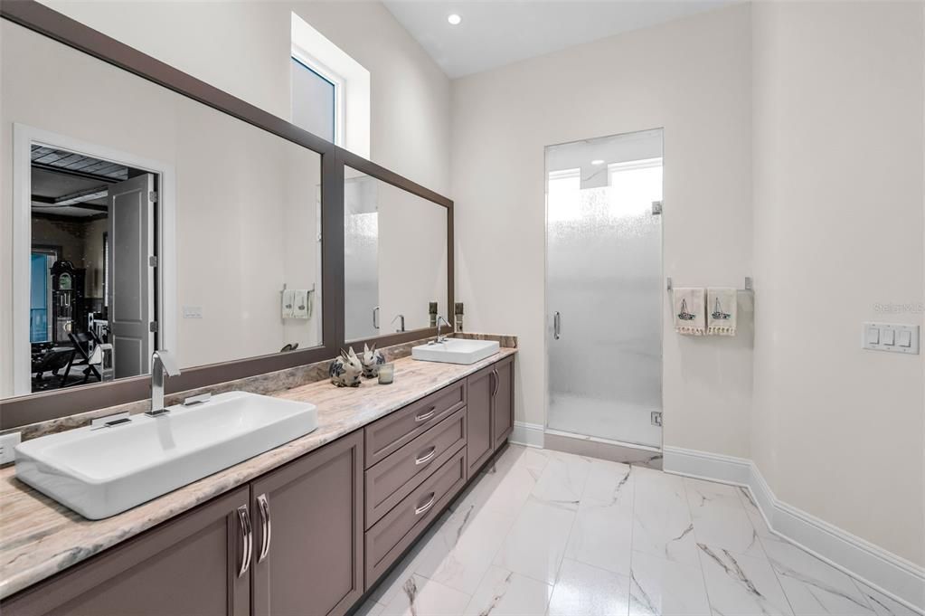 Bathroom, Dual Sink Vanities, Glass Shower, Interior, Marble, Recessed Lighting