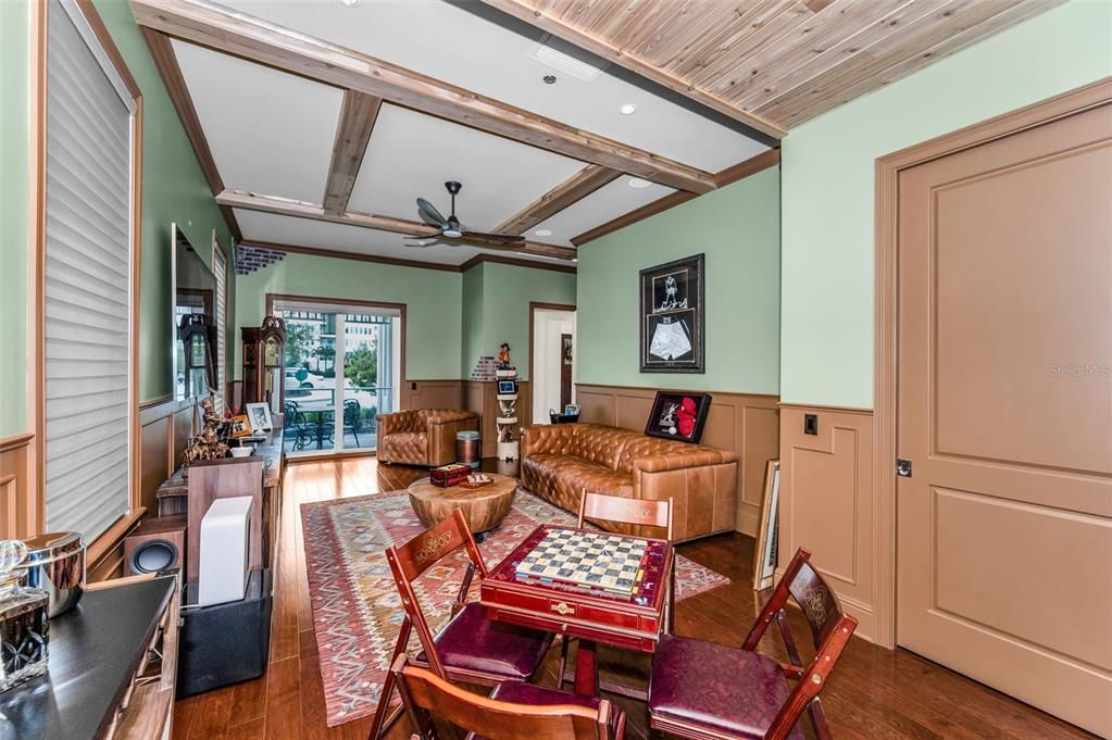 Dining room, Interior, Living room, Recessed Lighting, Wooden Beams, Wooden Ceilings, Wood Texture Flooring