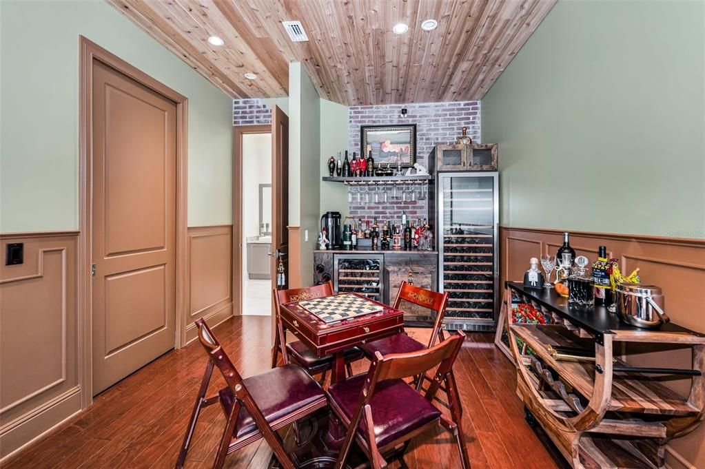 Dining room, Interior, Recessed Lighting, Stone Walls, Wooden Ceilings, Wood Texture Flooring