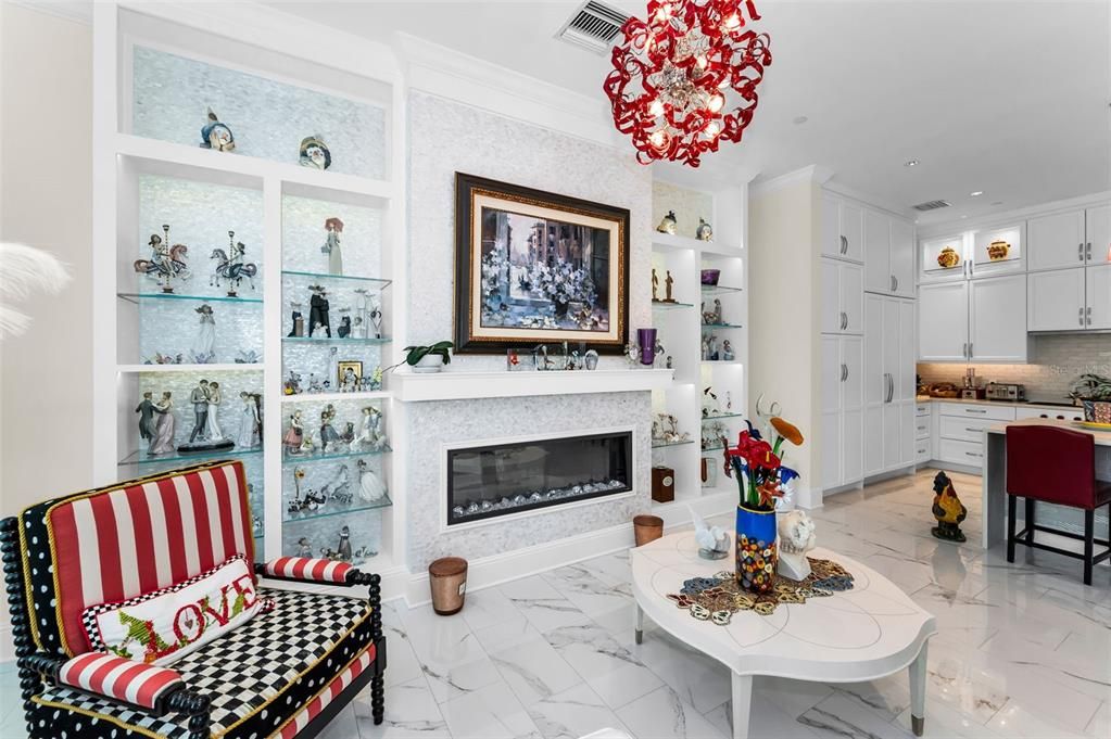 Fireplace, Interior, Kitchen, Marble, Pendant Lights, Recessed Lighting