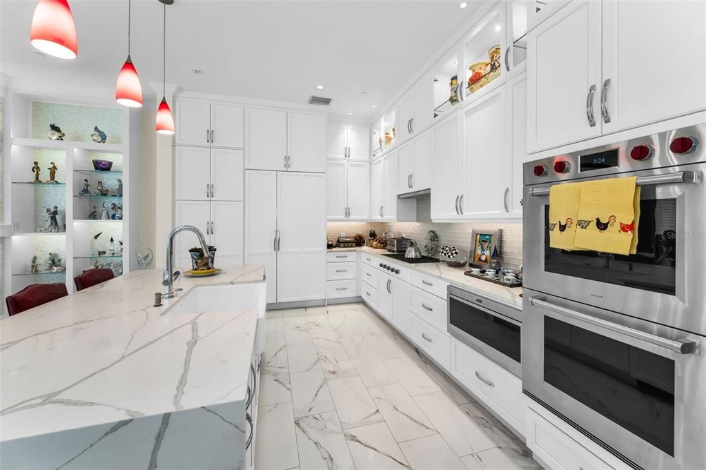 Interior, Kitchen, Marble, Pendant Lights, Recessed Lighting, Stainless Steel Appliances