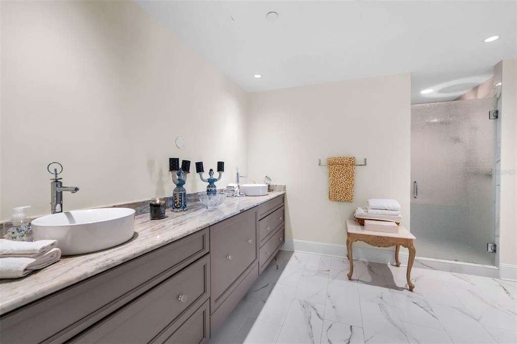 Bathroom, Dual Sink Vanities, Glass Shower, Interior, Marble, Recessed Lighting