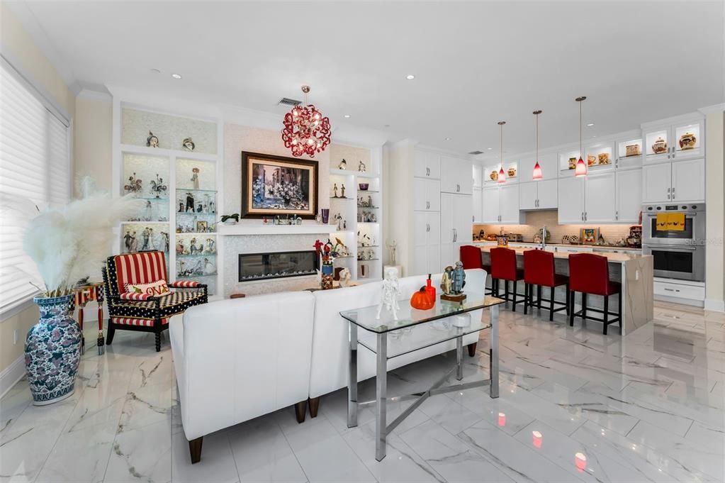 Fireplace, Interior, Kitchen, Living room, Marble, Pendant Lights, Recessed Lighting, Stainless Steel Appliances