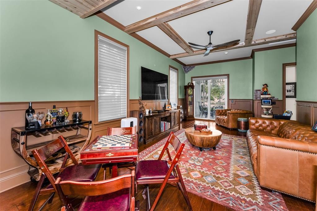Dining room, Interior, Recessed Lighting, Wooden Beams, Wooden Ceilings, Wood Texture Flooring