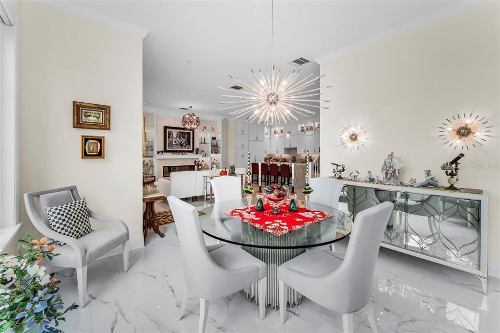 Dining room, Fireplace, Interior, Living room, Marble, Pendant Lights, Recessed Lighting