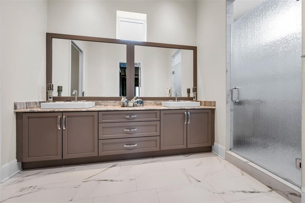 Bathroom, Dual Sink Vanities, Glass Shower, Interior, Marble