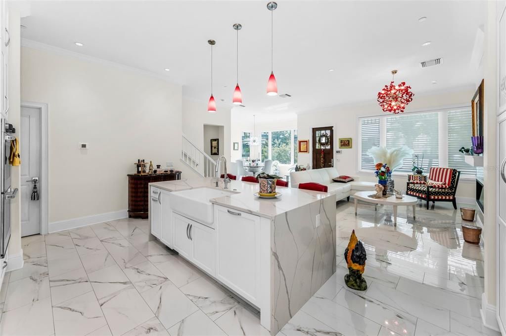 Dining room, Interior, Kitchen, Living room, Marble, Pendant Lights, Recessed Lighting