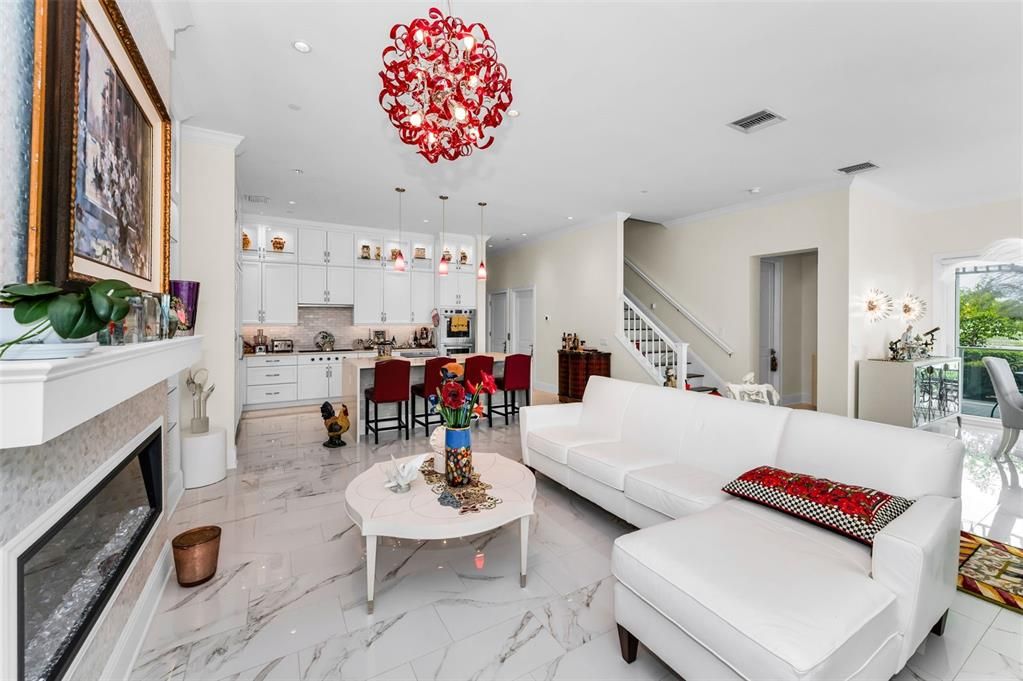 Dining room, Fireplace, Interior, Kitchen, Living room, Marble, Pendant Lights, Recessed Lighting