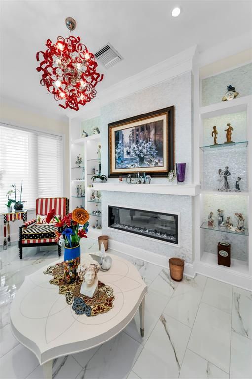 Chandelier, Fireplace, Interior, Living room, Marble, Pendant Lights, Recessed Lighting