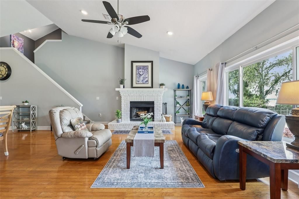 Fireplace, Interior, Living room, Recessed Lighting, Wood Texture Flooring