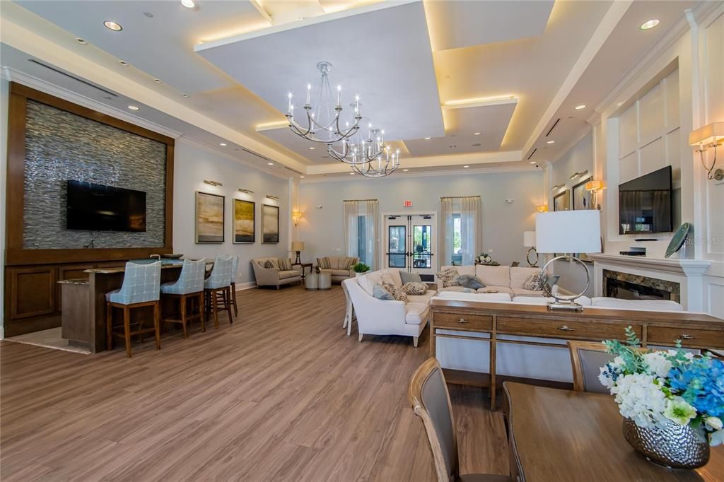 Chandelier, Dining room, Fireplace, Interior, Living room, Recessed Lighting, Wood Texture Flooring