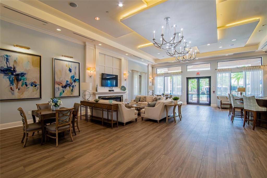 Chandelier, Dining room, Fireplace, Interior, Living room, Recessed Lighting, Wood Texture Flooring