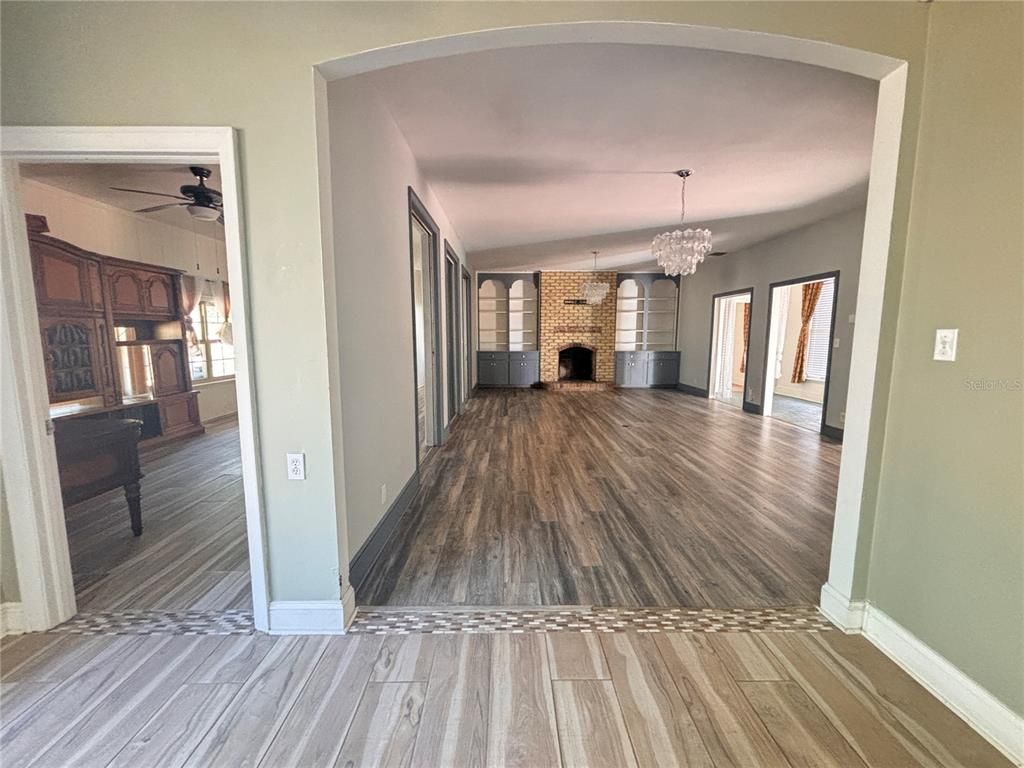 Chandelier, Fireplace, Interior, Wood Texture Flooring