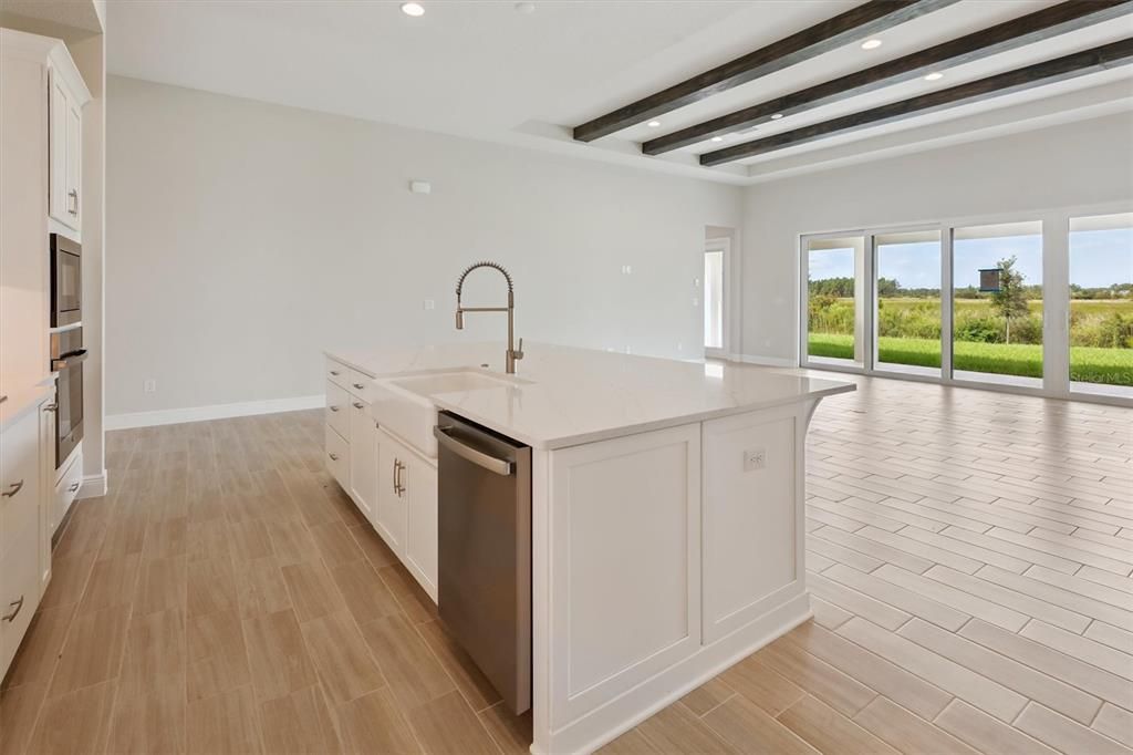 Interior, Kitchen, Recessed Lighting, Stainless Steel Appliances, Wooden Beams, Wood Texture Flooring