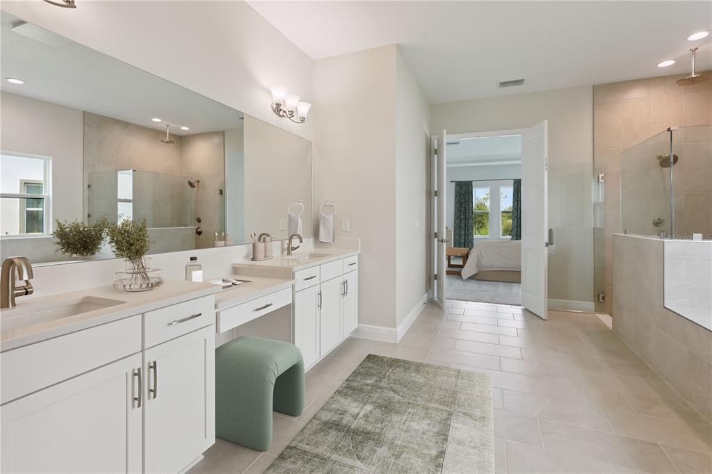 Bathroom, Dual Sink Vanities, Glass Shower, Interior, Recessed Lighting