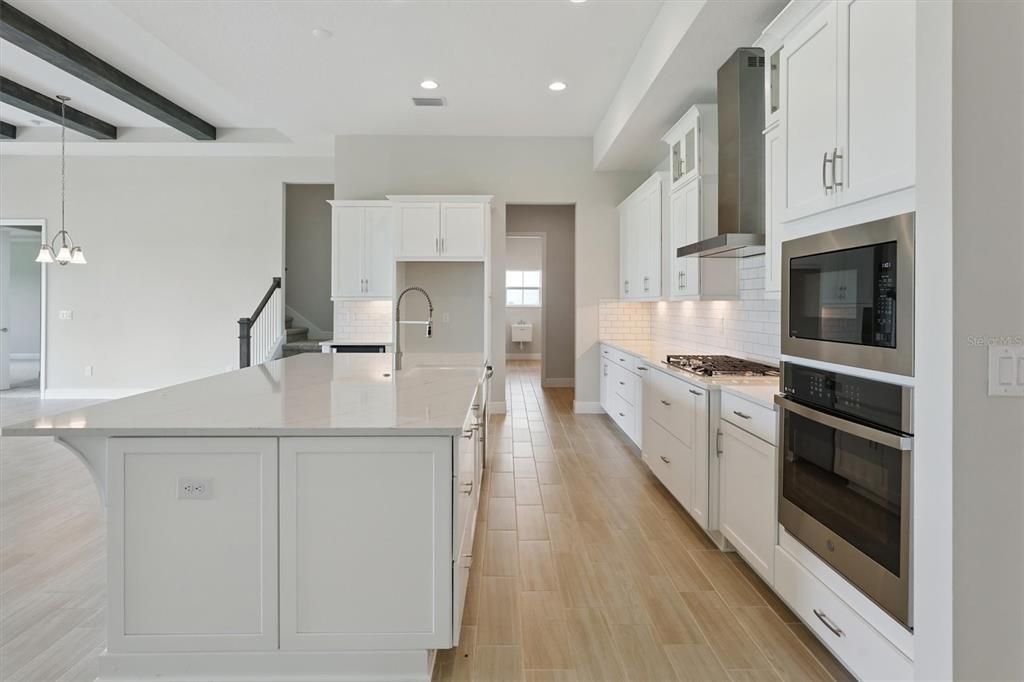 Interior, Kitchen, Pendant Lights, Recessed Lighting, Stainless Steel Appliances, Wooden Beams, Wood Texture Flooring