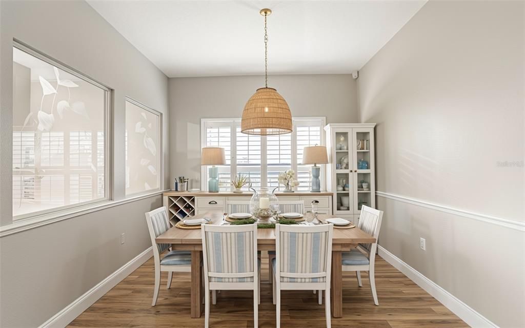 Dining room, Interior, Pendant Lights, Wood Texture Flooring