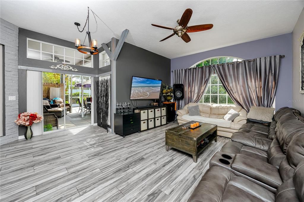 Home Theatre Room, Interior, Living room, Pendant Lights, Wood Texture Flooring
