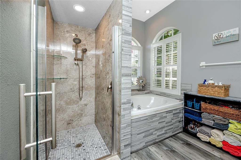 Bathroom, Glass Shower, Interior, Recessed Lighting, Wood Texture Flooring