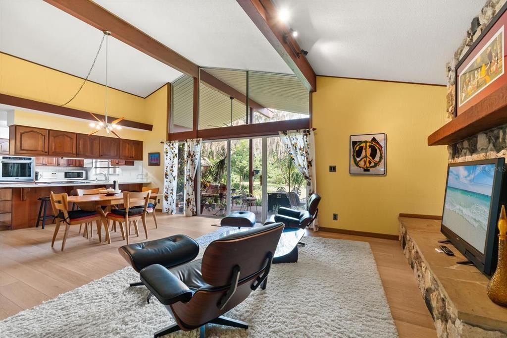 Dining room, Interior, Kitchen, Living room, Pendant Lights, Wood Texture Flooring