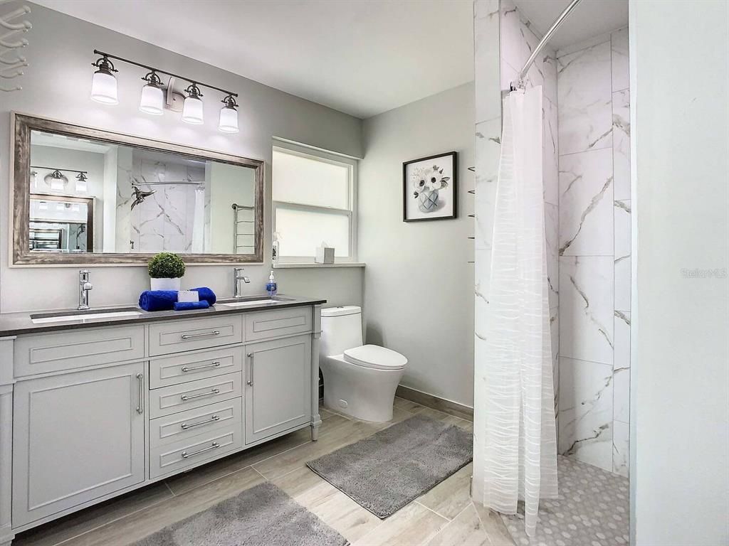 Bathroom, Interior, Marble Walls, Wood Texture Flooring