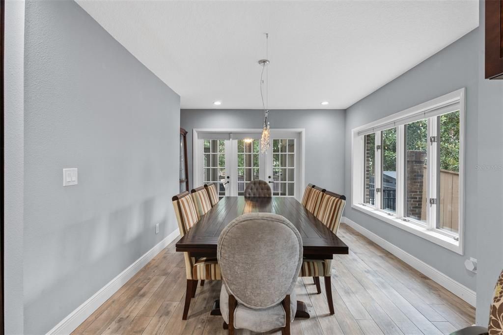 Dining room, Interior, Pendant Lights, Recessed Lighting, Wood Texture Flooring