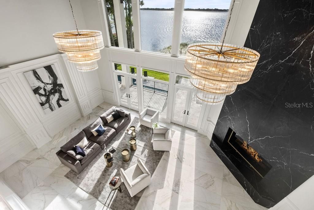 Chandelier, Fireplace, Interior, Living room, Marble, Water