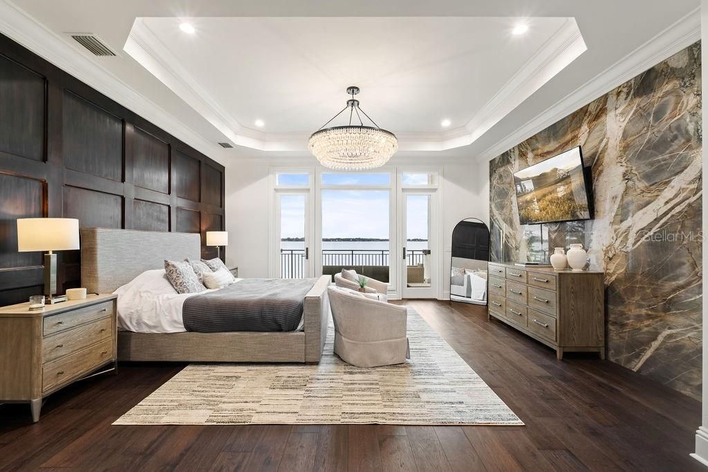 Bedroom, Chandelier, Interior, Recessed Lighting, Wood Texture Flooring
