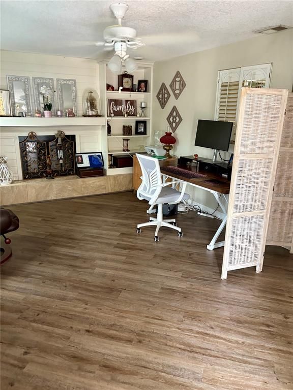 Fireplace, Home Office, Interior, Wood Texture Flooring