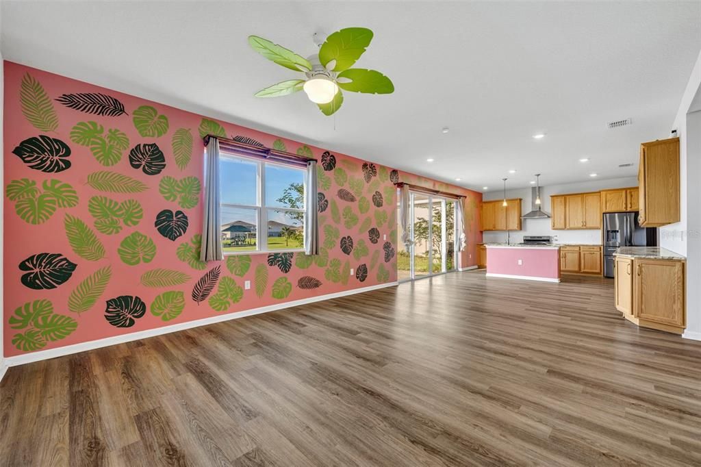 Empty room, Interior, Kitchen, Pendant Lights, Recessed Lighting, Wood Texture Flooring
